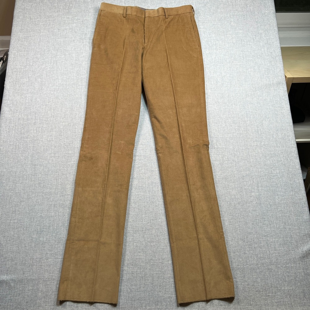 Lands' End Fine Wale Corduroy Pants Men 34x37 Raw Hem‎ Flat Front Camel Academia